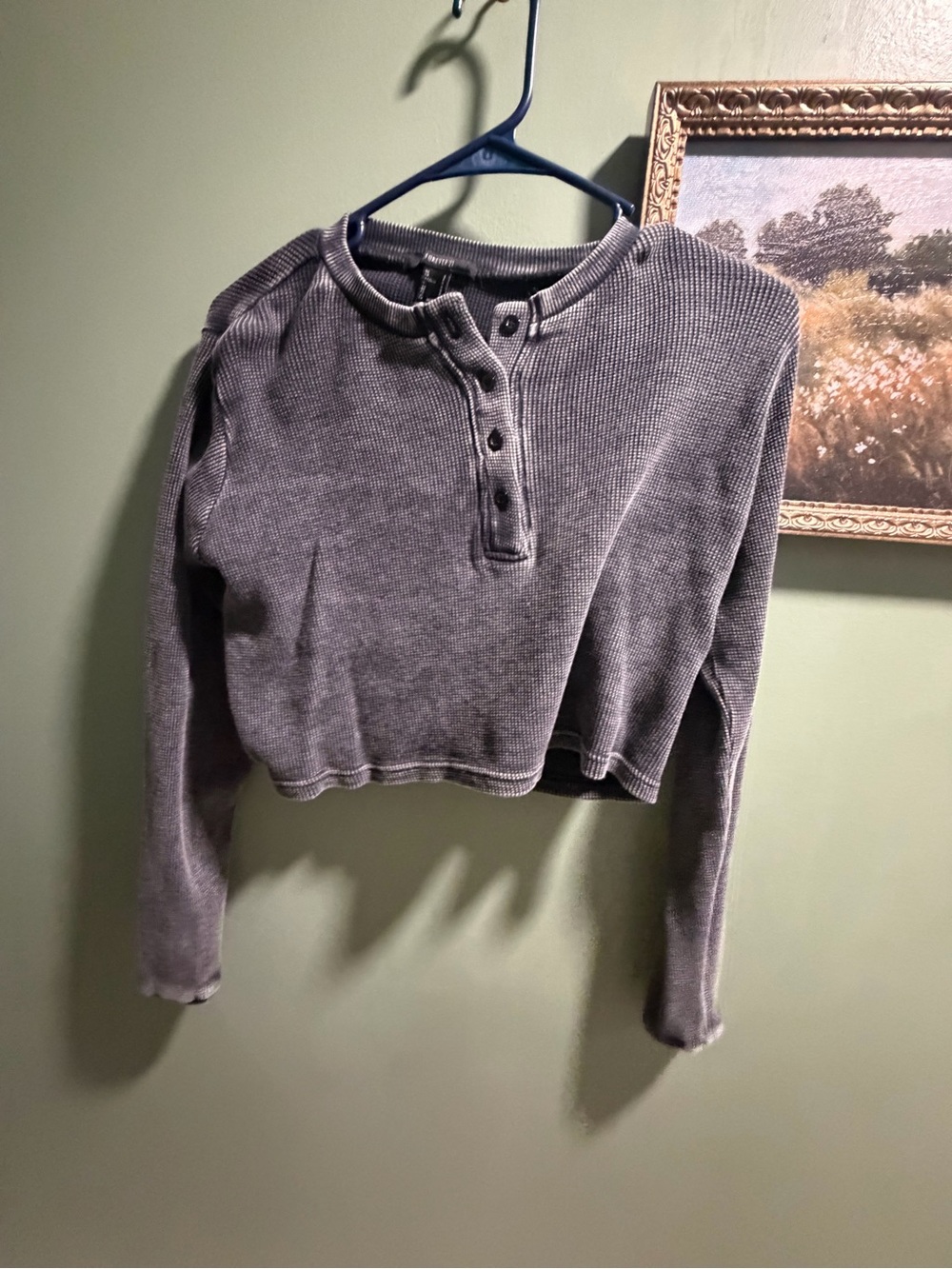 Forever 21 Gray Cropped Ribbed Henley Long-Sleeve Top